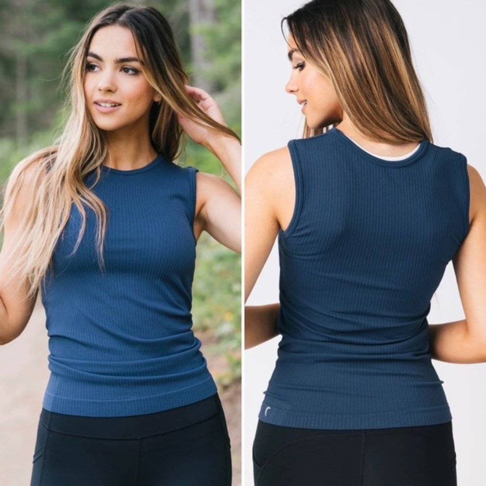 NEW Zyia Active Parallel Tank Top XXL Seamless Stretchy Ribbed Knit Navy Blue